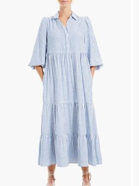 Max Studio Light Blue and White Striped Tiered Maxi Dress Plus Size 3X